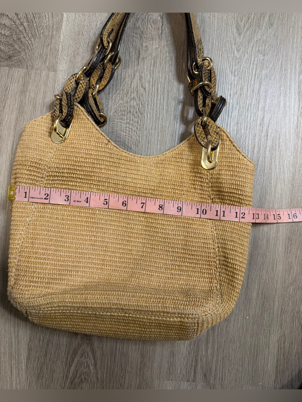 Michael Kors Woven Shoulder Tote with Chain-Link Snakeskin Straps - Tan - Picture 3 of 7
